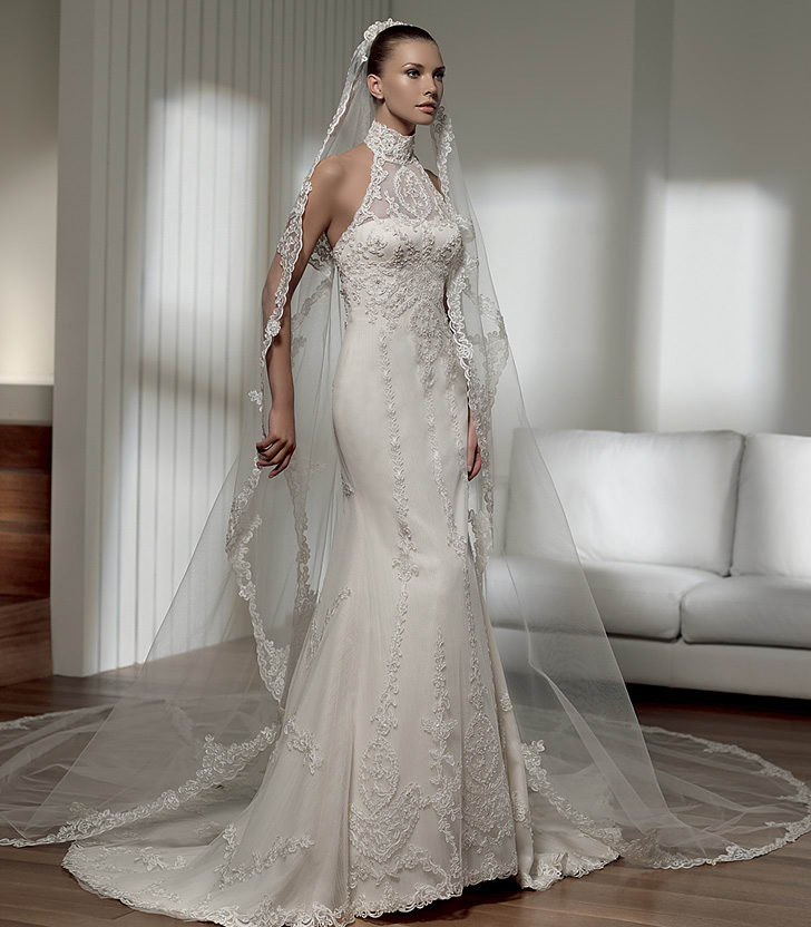 Illusion Halter Neckline Bridal Gown Of Lace And Tulle European Styling Free Delivery Included